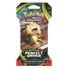 Perfect Order Sleeved Booster featuring Pokémon Trading Card Game packaging with Meowth and Mega Evolution.