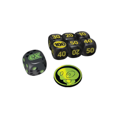 Perfect Order Elite Trainer Box gaming dice and tokens, featuring black design with green details for Pokémon TCG.