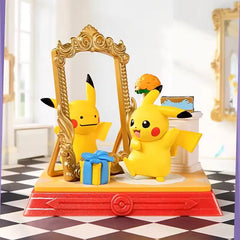 Pikachu and Friends Figure Blind Box featuring Pikachu with a mirror and a gift box setting.