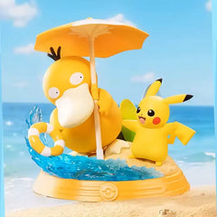 Pikachu and Friends Figure Blind Box featuring Pikachu and Psyduck on a beach with an umbrella.
