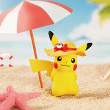 Pikachu Figure Cans - Pikachu in a straw hat at the beach with umbrella and starfish, perfect for Pokémon fans.