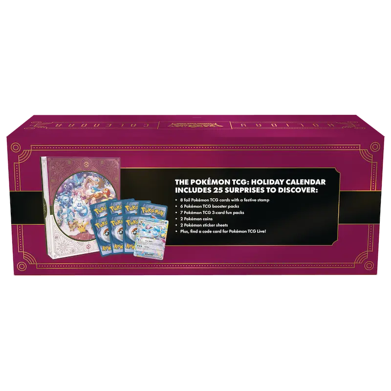 Pokémon TCG 2025 Holiday Advent Calendar with 25 surprises including cards and items.
