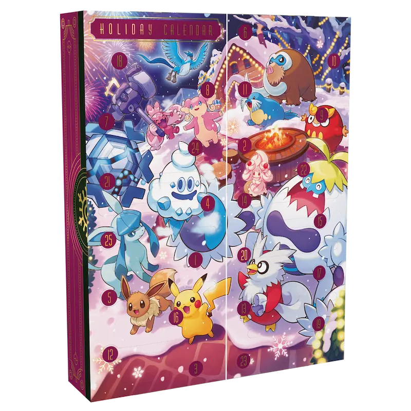 Advent Calendar 2025 featuring Pokémon characters in a festive winter scene with surprises for each day.