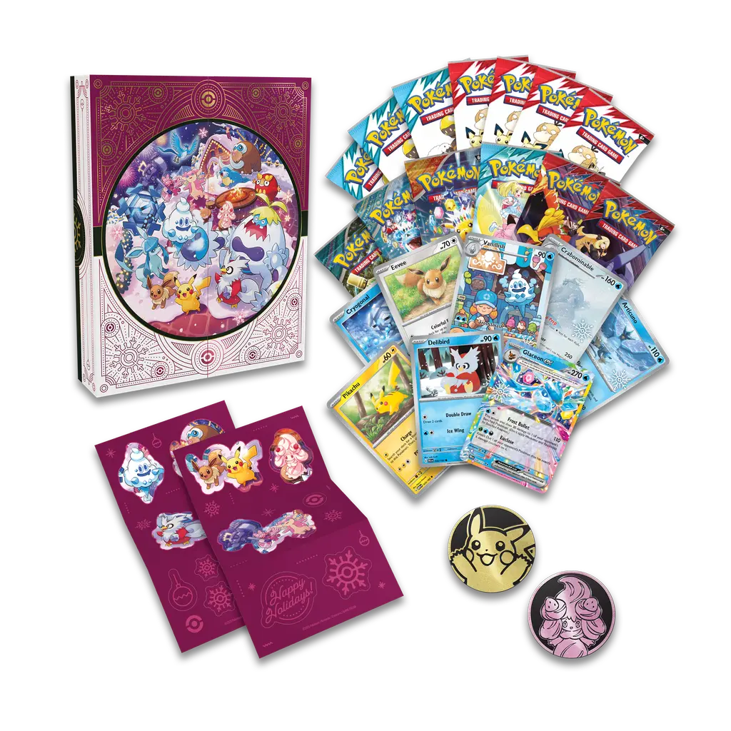 Advent Calendar 2025 featuring Pokémon cards, collectible items, and festive illustrations.