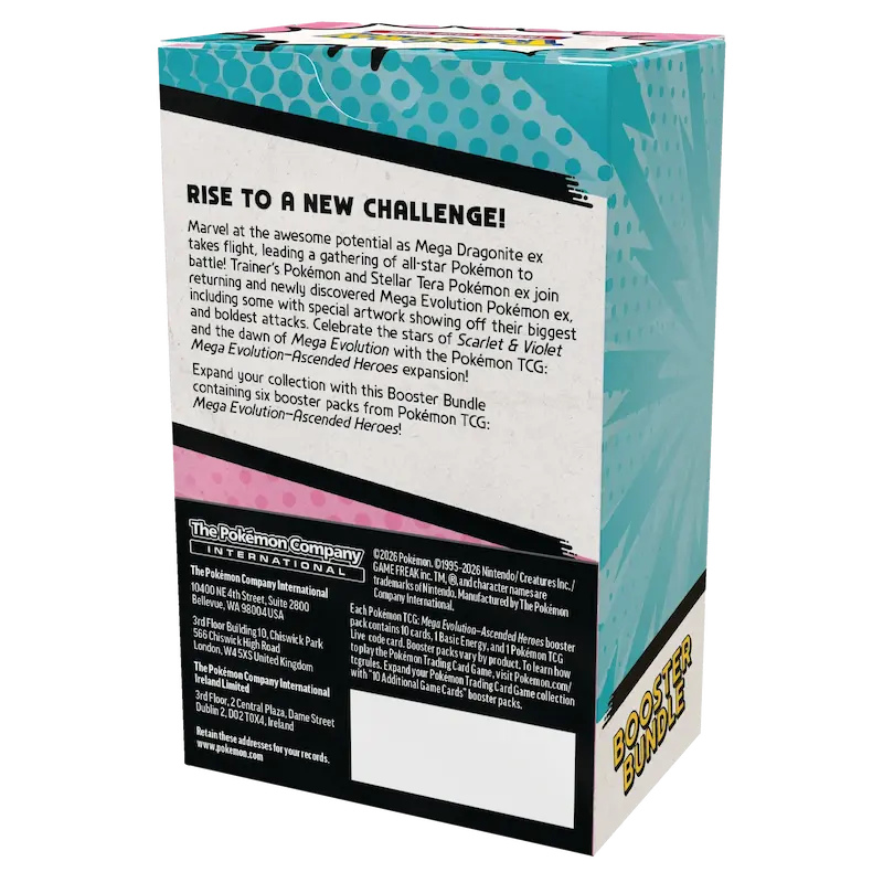 Ascended Heroes Booster Bundle back of packaging showcasing Mega Dragonite and product details.