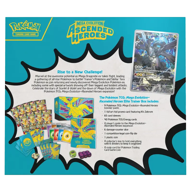 Ascended Heroes Elite Trainer Box includes 9 booster packs, promo card, and energy cards for the Pokémon Trading Card Game.