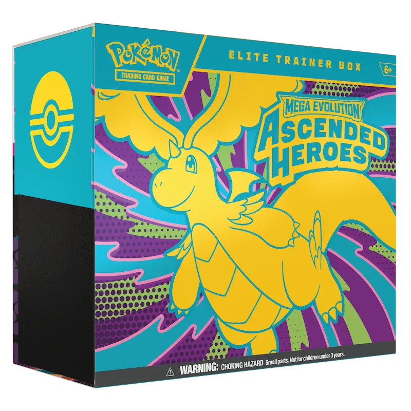 Ascended Heroes Elite Trainer Box featuring Mega Dragonite and vibrant artwork from the Ascended Heroes TCG set.