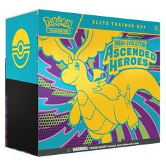 Ascended Heroes Elite Trainer Box featuring Mega Dragonite and vibrant artwork from the Ascended Heroes TCG set.