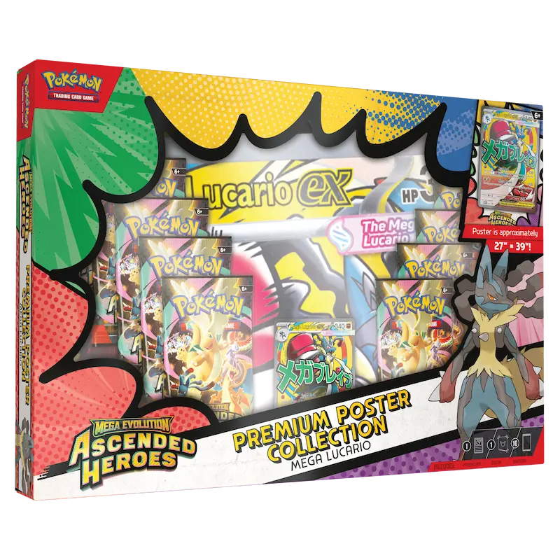 Mega Lucario Poster Collection featuring poster, foil promo, and booster packs from Ascended Heroes TCG.