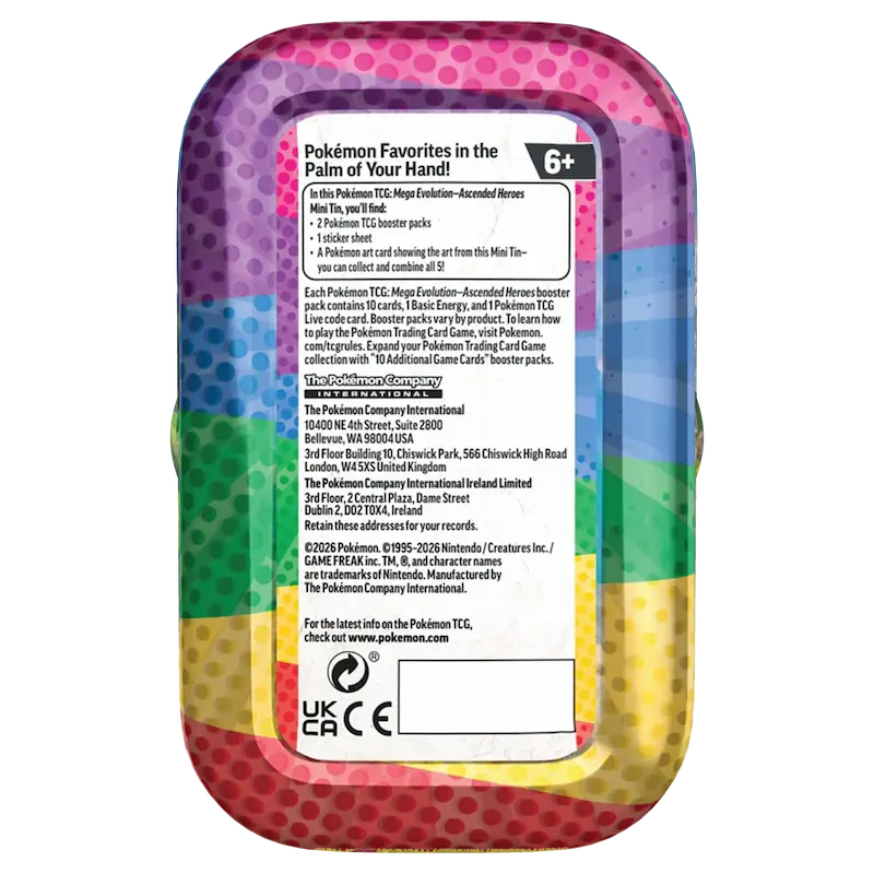 Ascended Heroes Mini Tins packaging featuring booster packs and art card details for Pokémon Trading Card Game.