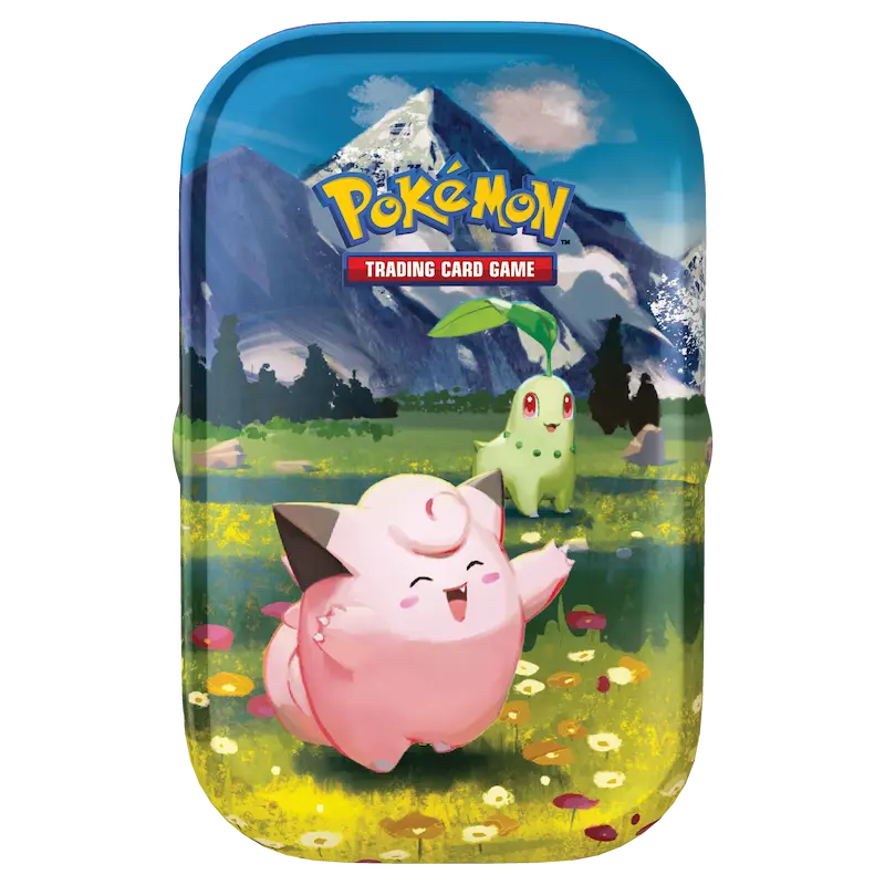 Ascended Heroes Mini Tins featuring Pokémon art with Clefairy and Chikorita in a scenic landscape.