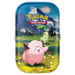 Ascended Heroes Mini Tins featuring Pokémon art with Clefairy and Chikorita in a scenic landscape.