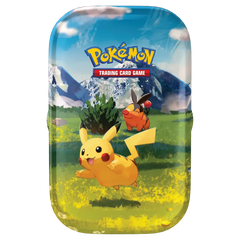 Ascended Heroes Mini Tins featuring Pokémon artwork with Pikachu and a scenic background.