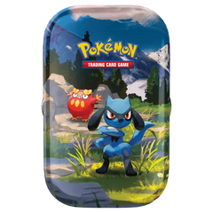Ascended Heroes Mini Tins featuring Pokémon characters Lucario and a whimsical creature with a scenic background.