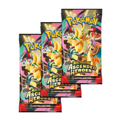 Ascended Heroes Tech Sticker Collection featuring 3 Pokémon booster packs from the Mega Evolution era.