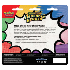 Ascended Heroes Tech Sticker Collection back packaging showcasing Mega Evolve Your Sticker Game details.
