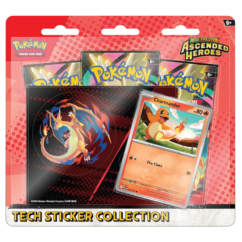Ascended Heroes Tech Sticker Collection featuring booster packs and Charmander promotional card.