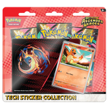 Ascended Heroes Tech Sticker Collection featuring booster packs and Charmander promotional card.