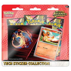 Ascended Heroes Tech Sticker Collection featuring booster packs and Charmander promotional card.