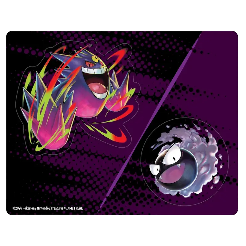 Ascended Heroes Tech Sticker Collection featuring Gengar and Gastly from Pokémon with vibrant colors and dynamic design.