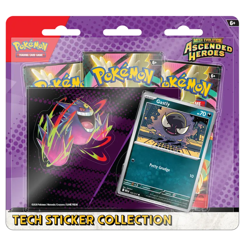 Ascended Heroes Tech Sticker Collection featuring booster packs and Gastly promo card.