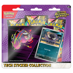 Ascended Heroes Tech Sticker Collection featuring booster packs and Gastly promo card.