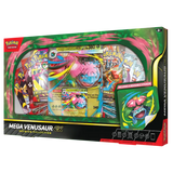 Mega Venusaur ex Premium Collection featuring booster packs and a reusable sticker in colorful packaging.