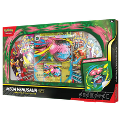 Mega Venusaur ex Premium Collection featuring booster packs and a reusable sticker in colorful packaging.