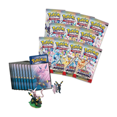 Prismatic Evolutions Figure Collection featuring booster packs, an Umbreon Promo card, Espeon Promo card, and collectible figure.