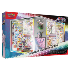 Prismatic Evolutions Figure Collection featuring booster packs, promo cards, and figures of Espeon and Umbreon.