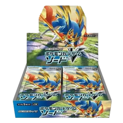 Sword Booster Box display featuring Pokémon Sword V booster packs, collectible trading cards set.