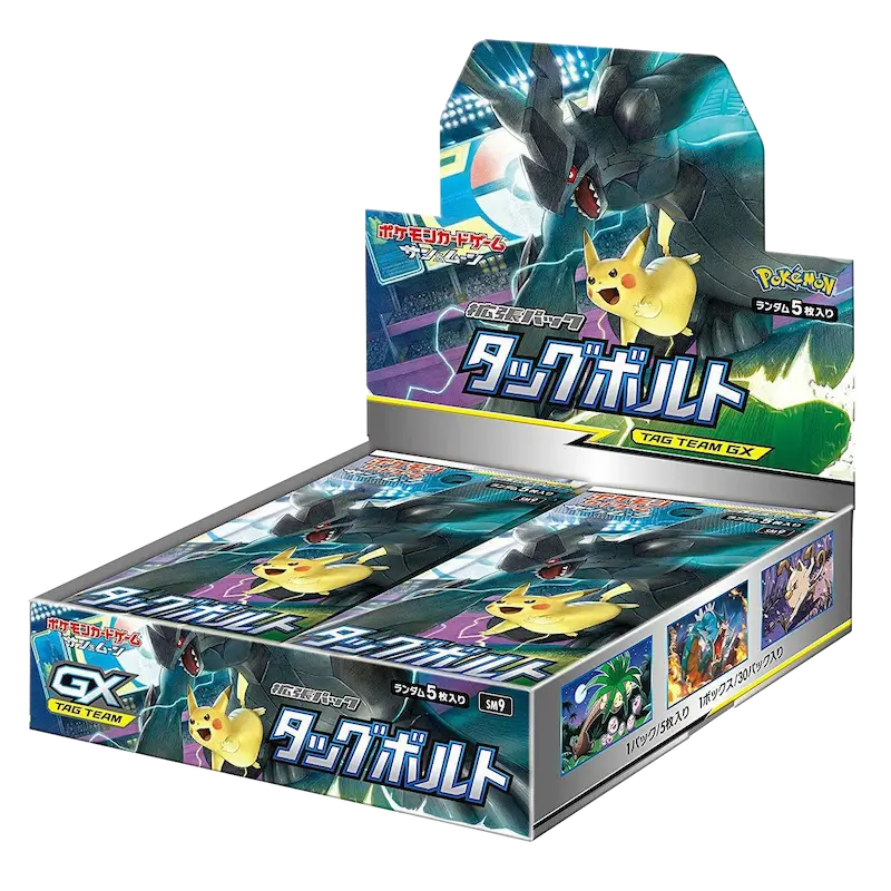 Tag Bolt Booster Box showcasing dual-Pokémon cards with Pikachu and iconic pairings in vibrant packaging.
