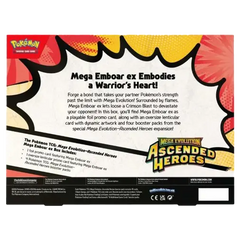 Mega Emboar ex Collection Box back with description and details about Mega Evolution and booster packs.