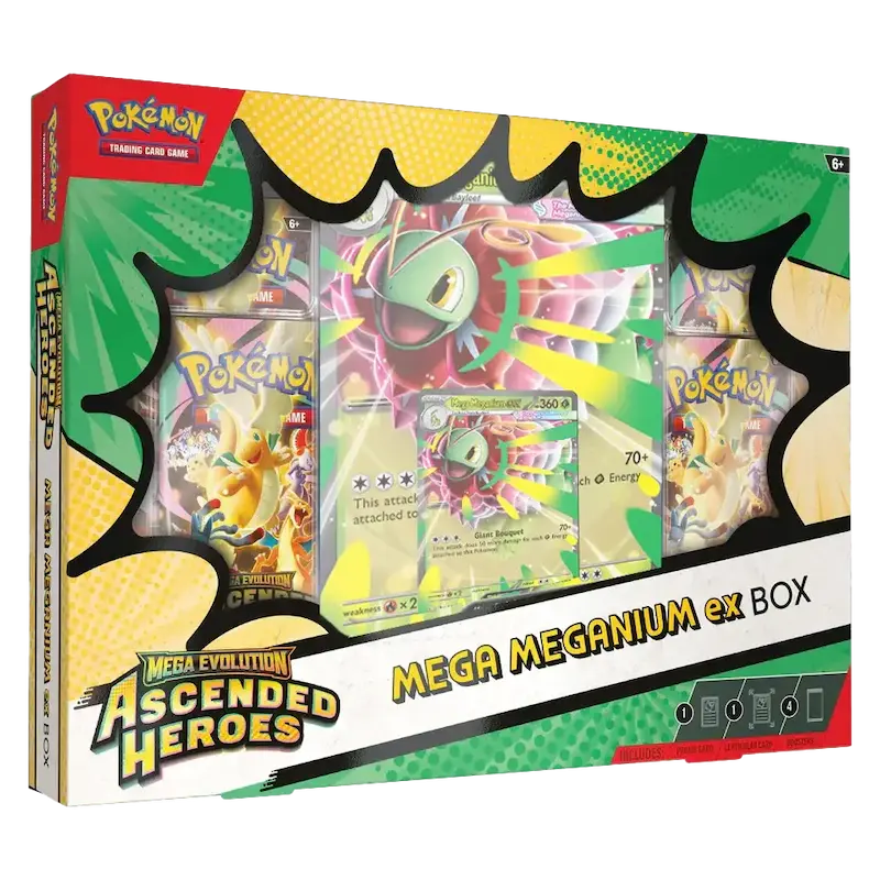 Mega Meganium ex Collection Box featuring booster packs and promo cards from the Ascended Heroes TCG set.