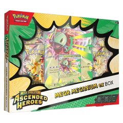 Mega Meganium ex Collection Box featuring booster packs and promo cards from the Ascended Heroes TCG set.