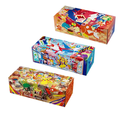 3-pack Pokémon Center-box med tematiskt konstverk från Pokémon Centers i Hiroshima, Fukuoka och Tohoku.