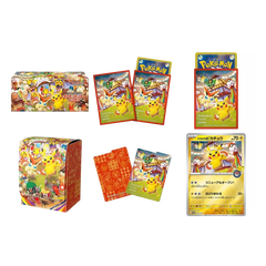 Colorful Pokémon card game set featuring Pikachu with booster packs and cards, perfect for collectors.