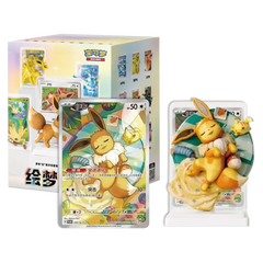 Pokémon Eeveelutions Blind Box [Live] featuring Eevee collectible figure and trading card in whimsical design.
