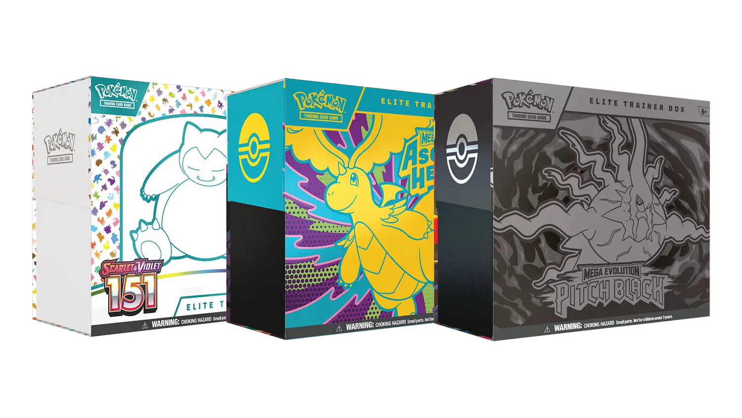Three Pokémon Elite Trainer Boxes showcasing different designs, including Snorlax and Mega Evolutions.