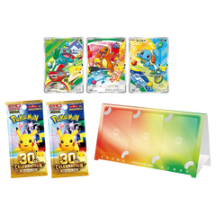 Collection of Pokémon trading cards including Squirtle, Charmander, and Pikachu 30th Anniversary packs with a card holder