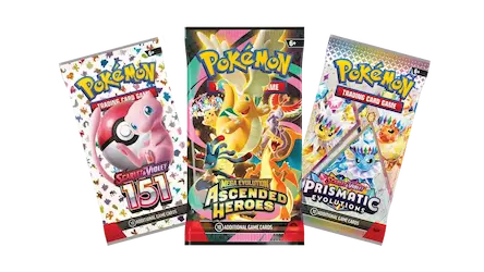 Three Pokémon trading card game booster packs: Scarlet & Violet 151, Ascended Heroes, and Prismatic Evolutions.