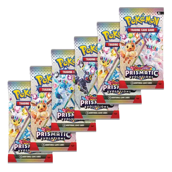 Pokemon Prismatic Evolutions Booster Pack row of 6