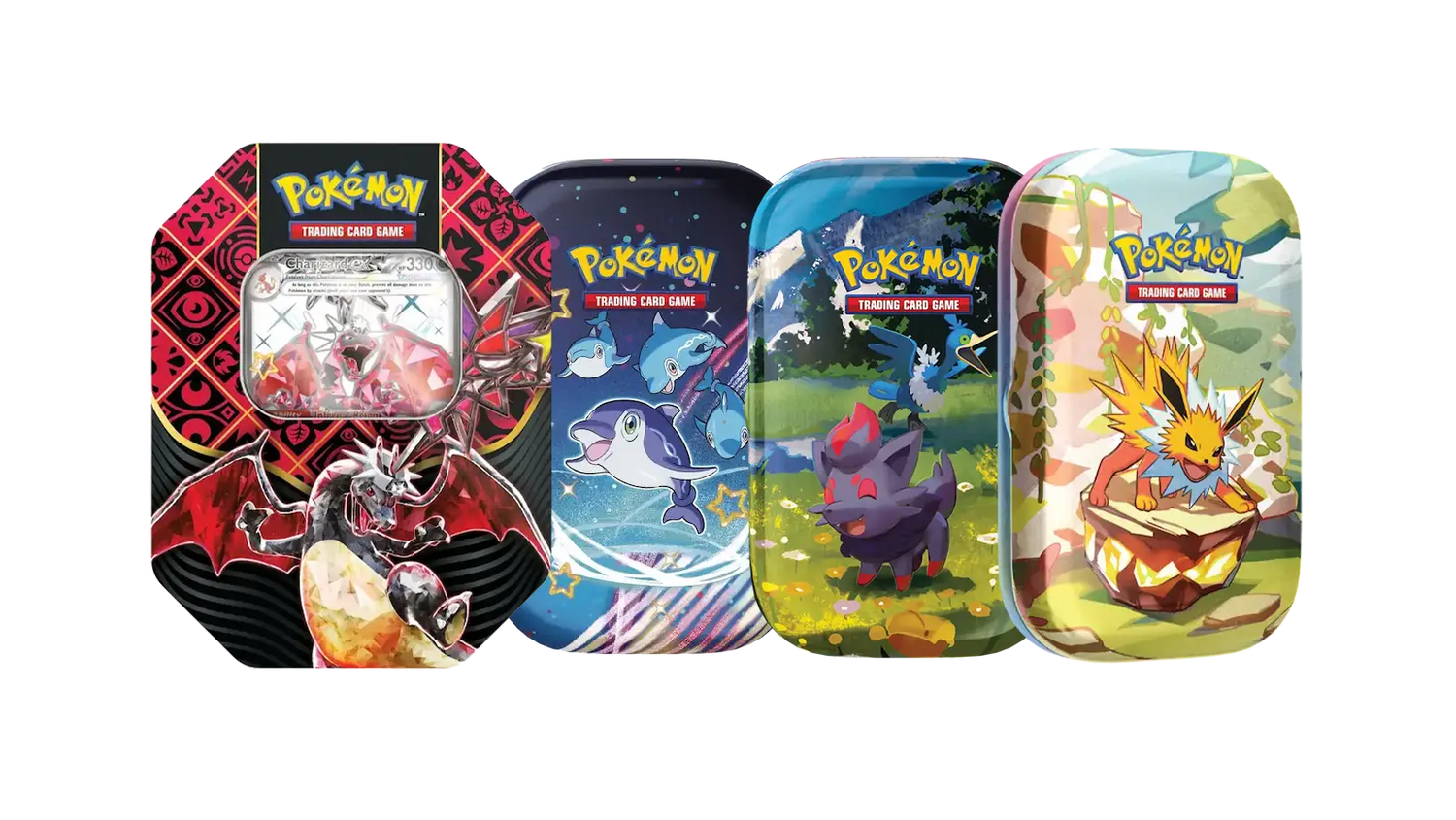 Collection of Pokémon trading card tins featuring popular characters and designs, perfect for collectors and players.