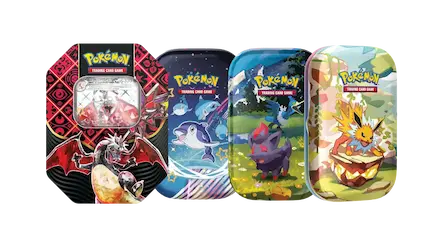 Colorful Pokémon trading card tins featuring various characters and designs, perfect for collectors and fans.
