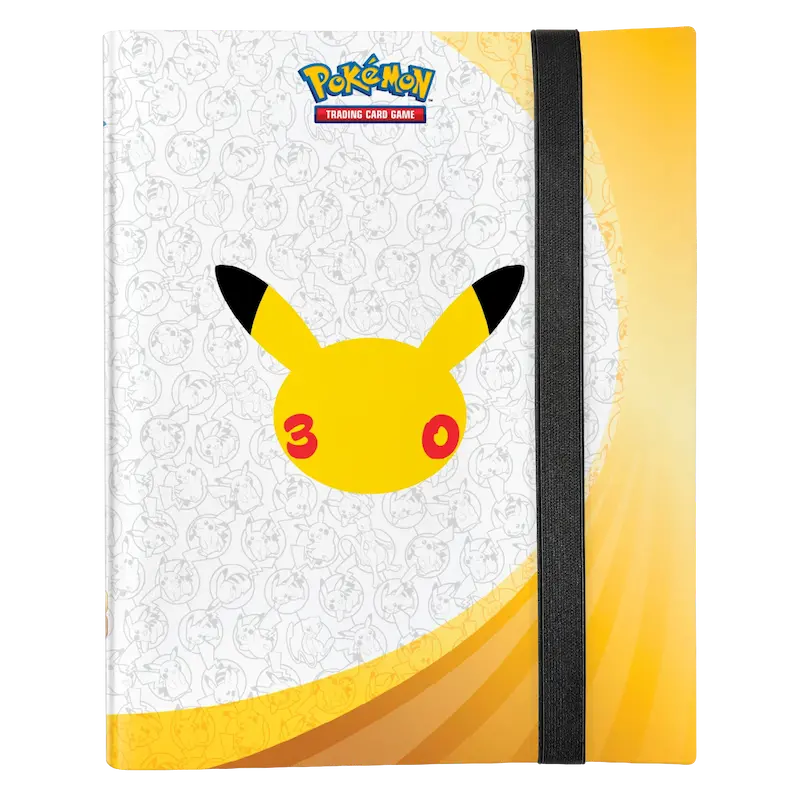 30th Celebration Binder Collection featuring Pikachu design with a bright yellow background for Pokémon TCG.