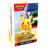 30th Celebration Booster Bundle with Pikachu, Mewtwo, and Mew packaging design.