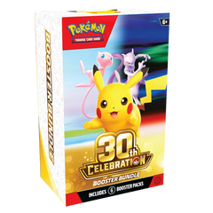 30th Celebration Booster Bundle with Pikachu, Mewtwo, and Mew packaging design.