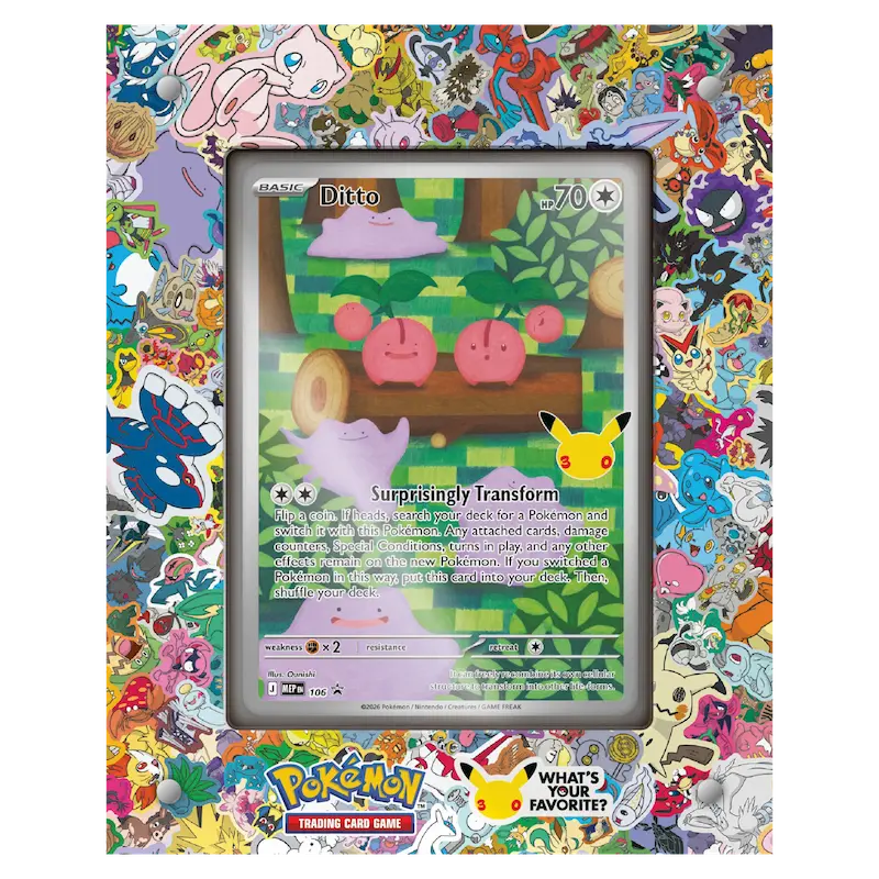 30th Celebration Ditto Collection featuring Ditto Pokémon card surrounded by colorful Pokémon designs.