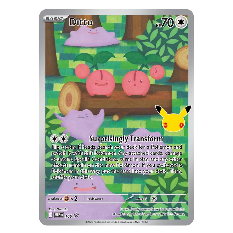 30th Celebration Ditto Collection card featuring Ditto transforming with Pikachu in the corner, celebrating Pokémon's 30th anniversary.