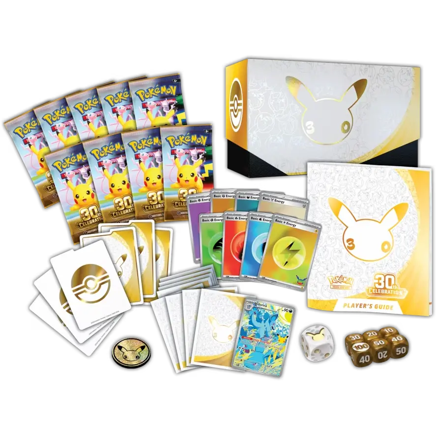 30th Celebration Elite Trainer Box contents including packs, cards, and player guide.